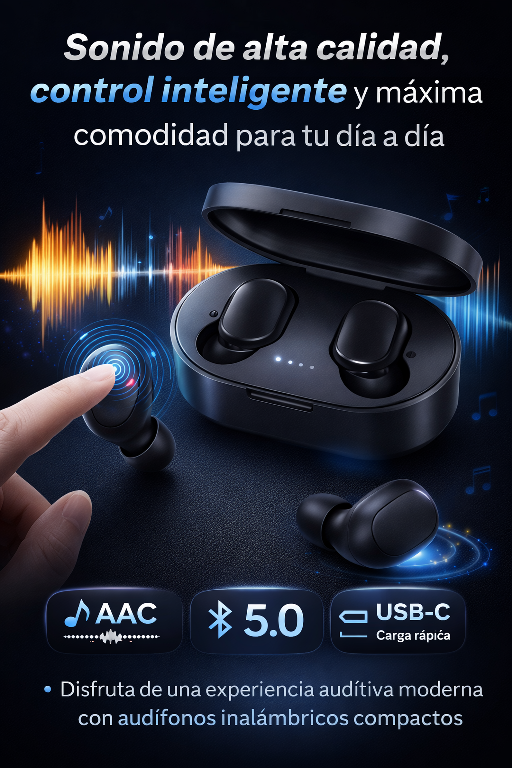 Audífonos Inalámbricos con Pantalla LED y Control Táctil – Color Negro